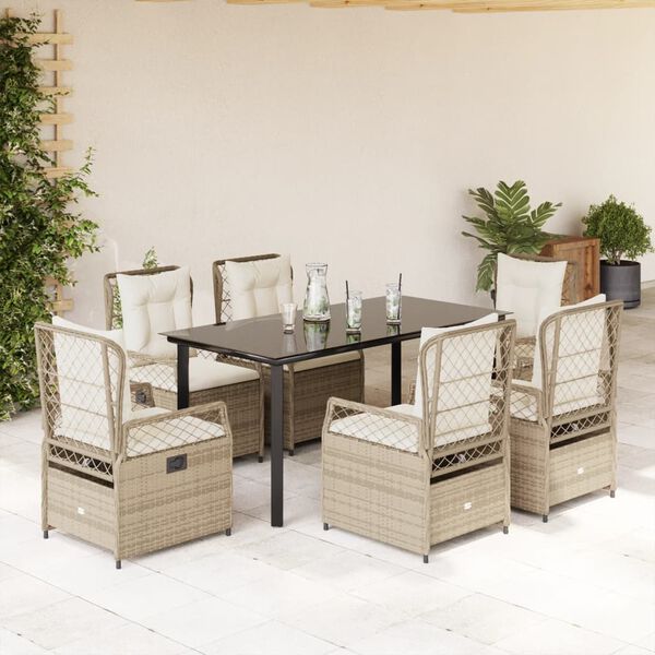 vidaXL 7 pcs conjunto de jantar p/ jardim com almofad&otilde;es vime PE bege