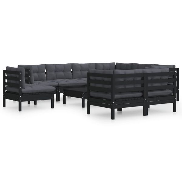 vidaXL 10 pcs conjunto lounge jardim c/ almofadões pinho maciço preto