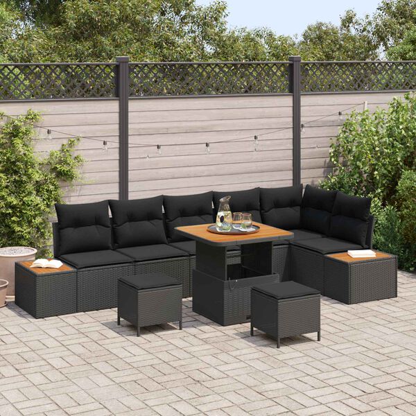 vidaXL Conjunto de Sof&aacute; de Jardim 9 pcs Preto Rattan Sint&eacute;tico