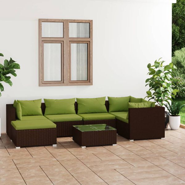vidaXL 7 pcs conjunto lounge jardim c/ almofad&otilde;es vime PE castanho