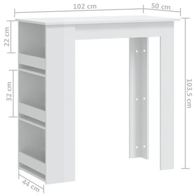 vidaXL Mesa de bar c/ prateleiras 102x50x103,5 cm branco brilhante