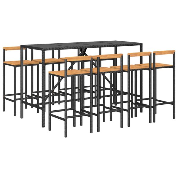 vidaXL 9 pcs conjunto de bar p/ jardim vime PE/acácia maciça preto