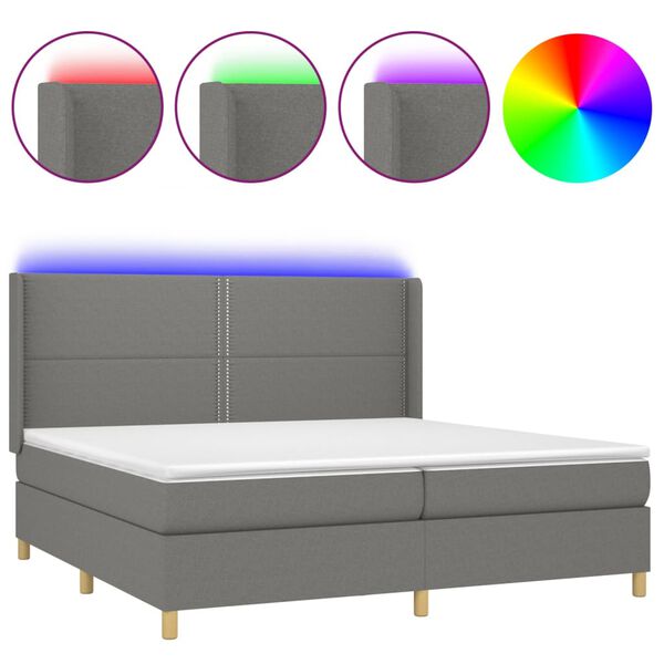 vidaXL Cama box spring c/ colch&atilde;o e LED 200x200 cm tecido cinza-escuro