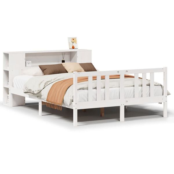 vidaXL Cama com estante sem colchão 140x200 cm pinho maciço branco