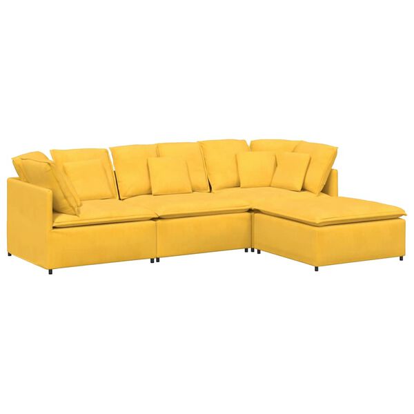 vidaXL Sof&aacute; modular c/ pufes almofadas tecido corduroy amarelo-claro