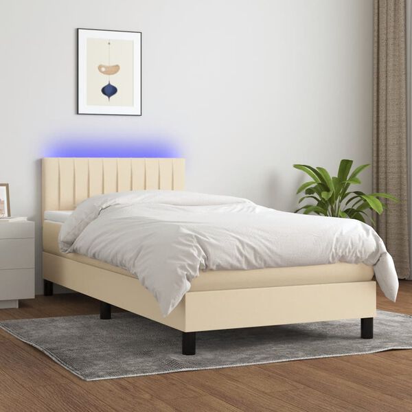 vidaXL Cama box spring c/ colch&atilde;o e LED 90x200 cm tecido cor creme