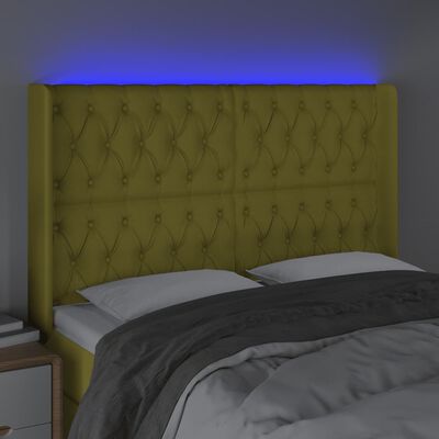 vidaXL Cabeceira de cama c/ luzes LED tecido 147x16x118/128 cm verde