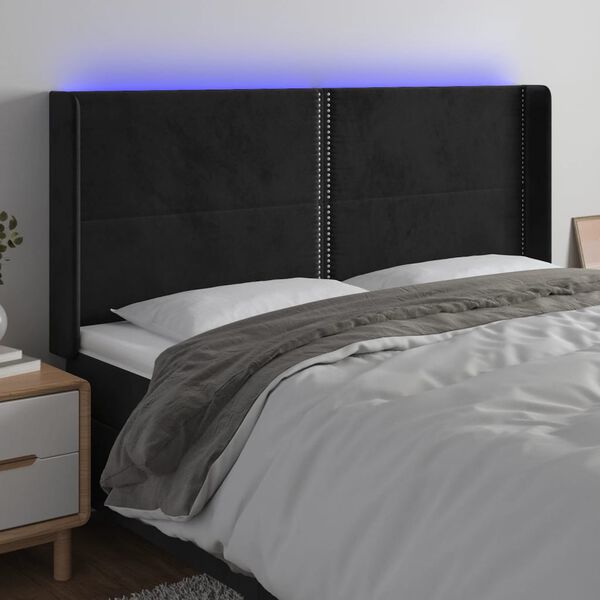 vidaXL Cabeceira de cama c/ luzes LED veludo 203x16x118/128 cm preto