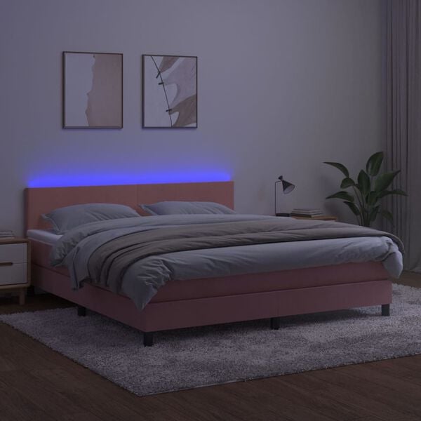 vidaXL Cama box spring c/ colch&atilde;o/LED 160x200 cm veludo rosa