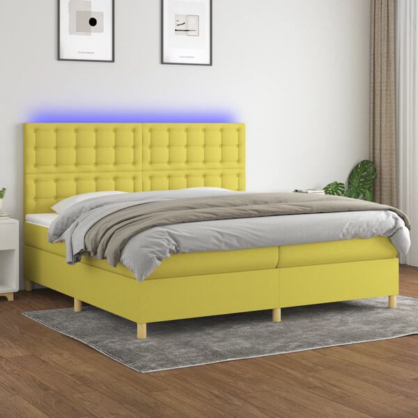 vidaXL Cama box spring c/ colch&atilde;o e LED 200x200 cm tecido verde