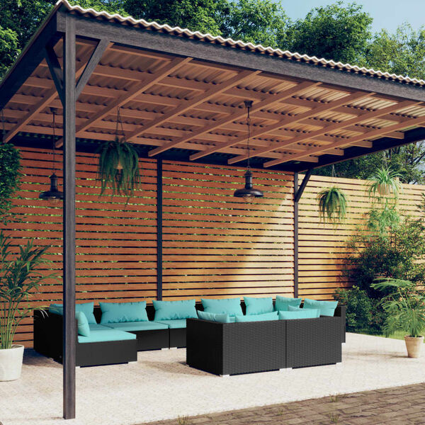 vidaXL 9 pcs conjunto lounge de jardim c/ almofad&otilde;es vime PE preto
