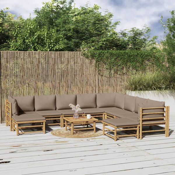 vidaXL 11pcs conj. lounge jardim bambu almofad&otilde;es cinzento-acastanhado