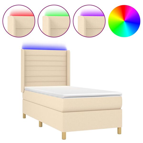 vidaXL Cama box spring c/ colch&atilde;o e LED 100x200 cm tecido cor creme
