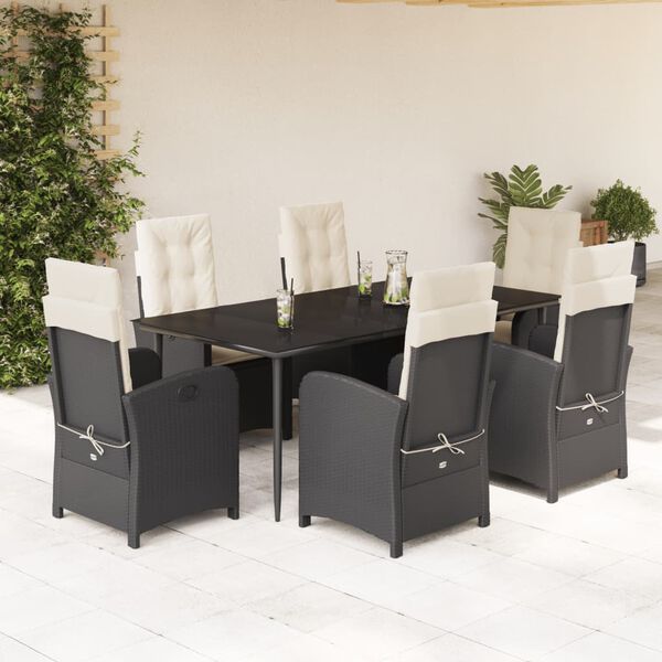 vidaXL 7 pcs conjunto de jantar p/ jardim c/ almofad&otilde;es vime PE preto