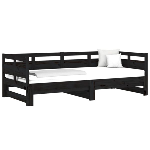 vidaXL Estrutura sof&aacute;-cama de puxar pinho maci&ccedil;o preto 2x(90x190) cm