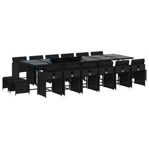 vidaXL 17 pcs conjunto de jantar p/ jardim c/ almofad&otilde;es vime PE preto
