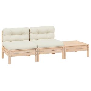 vidaXL 3 pcs conjunto lounge jardim c/ almofad&otilde;es creme pinho maci&ccedil;o