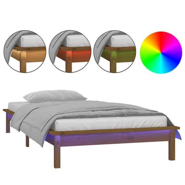 vidaXL Estrutura de cama c/ luzes LED 90x200 cm madeira castanho mel