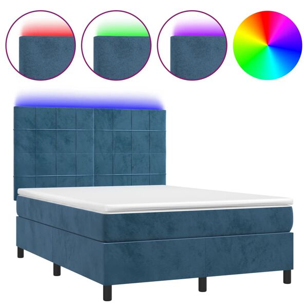 vidaXL Cama box spring c/ colch&atilde;o/LED 140x190 cm veludo azul-escuro