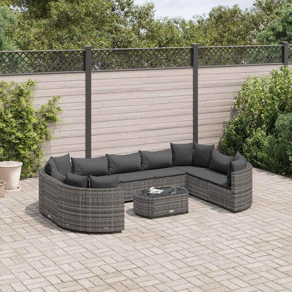vidaXL 10 pcs conjunto sof&aacute;s de jardim c/ almofad&otilde;es vime PE cinzento