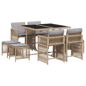 vidaXL 9 pcs conj. jantar jardim c/ almofad&otilde;es vime PE bege misturado