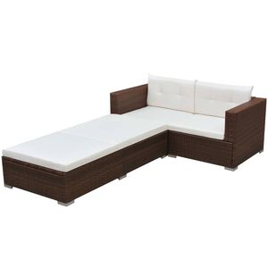 vidaXL 3 pcs conjunto lounge jardim c/ almofad&otilde;es vime PE castanho