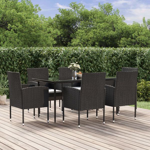 vidaXL 7 pcs conjunto de jantar p/ jardim c/ almofad&otilde;es vime PE preto