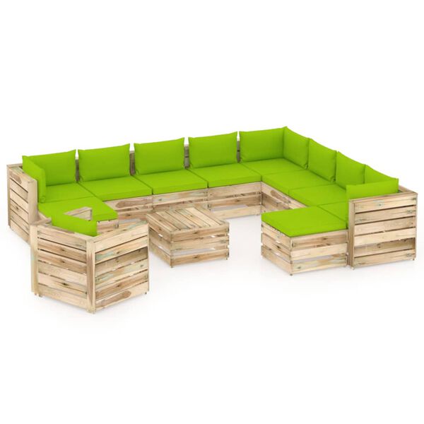 vidaXL 12 pcs conj. lounge jardim c/ almofad&otilde;es madeira impreg. verde