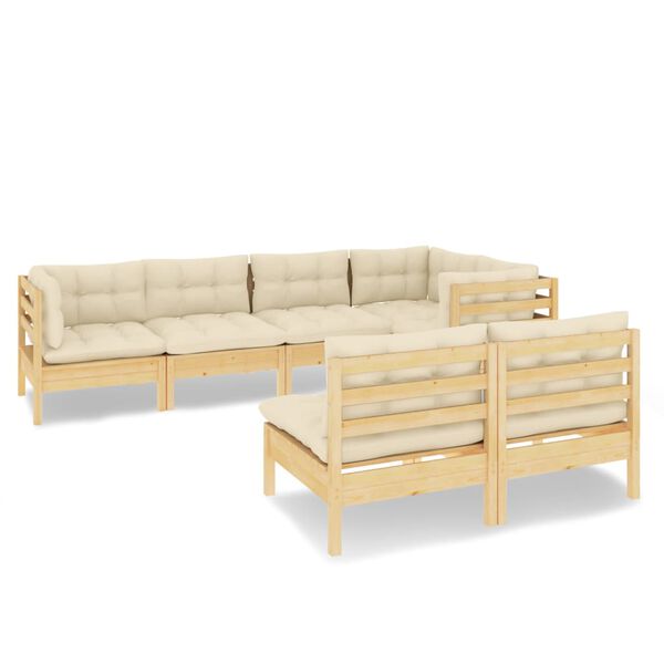 vidaXL 7 pcs conjunto lounge jardim c/ almofadões creme pinho maciço