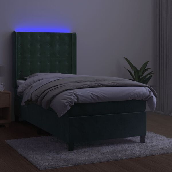 vidaXL Cama box spring c/ colch&atilde;o/LED 100x200 cm veludo verde-escuro