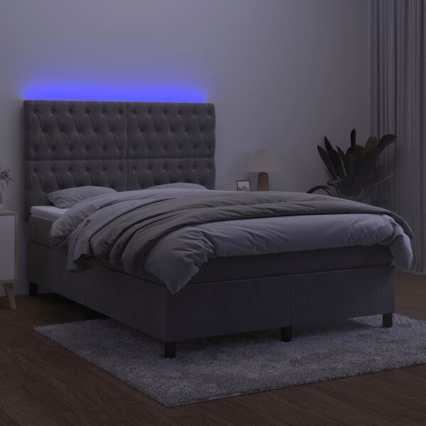 vidaXL Cama box spring c/ colch&atilde;o/LED 140x200 cm veludo cinzento-claro