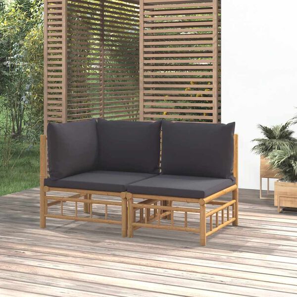vidaXL 2pcs conj. lounge de jardim bambu c/ almofadões cinzento-escuro