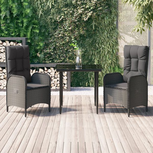 vidaXL 3 pcs conjunto de jantar p/ jardim c/ almofad&otilde;es vime PE preto