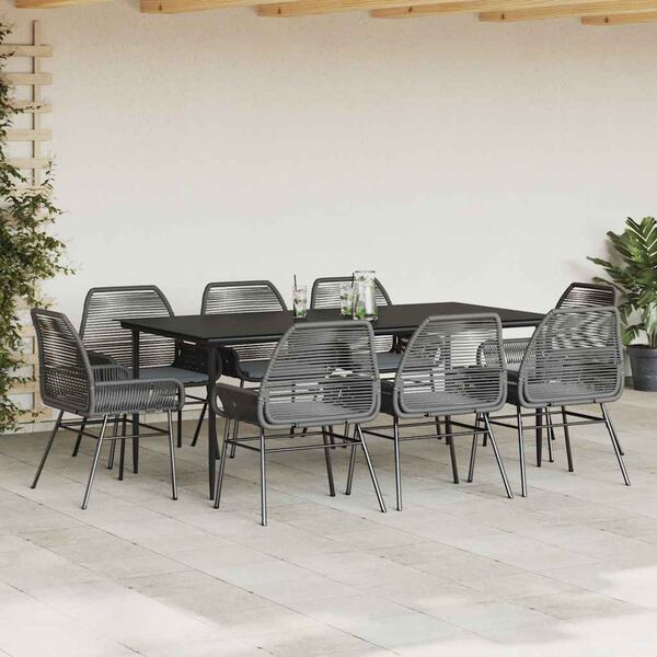 vidaXL Conjunto de jantar jardim 9 pe&ccedil;as almofadas vidro vime PE preto