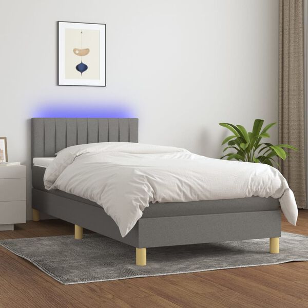 vidaXL Cama box spring c/ colch&atilde;o e LED 100x200 cm tecido cinza-escuro
