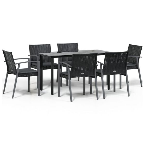 vidaXL 7 pcs conjunto de jantar p/ jardim c/ almofad&otilde;es vime PE e a&ccedil;o