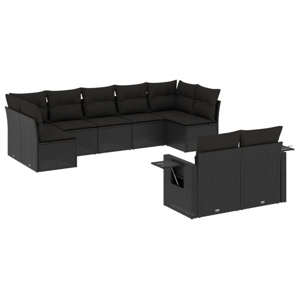 vidaXL 9 pcs conjunto de sof&aacute;s p/ jardim c/ almofad&otilde;es vime PE preto