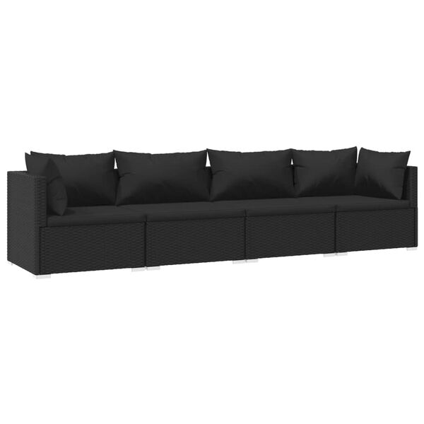 vidaXL 4 pcs conjunto lounge de jardim c/ almofadões vime PE preto