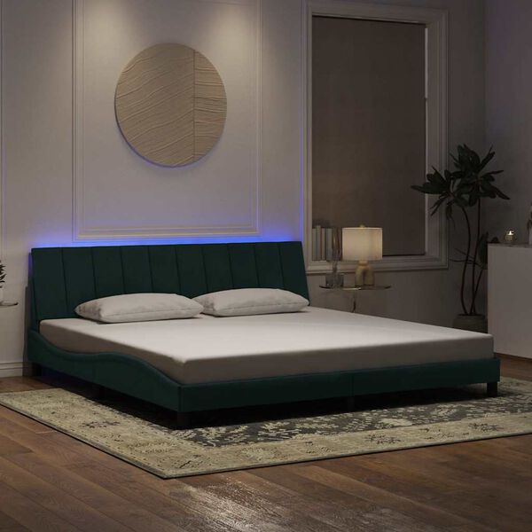 vidaXL Estrutura de cama com LED sem colch&atilde;o Hanko 200x200 cm veludo verde-escuro