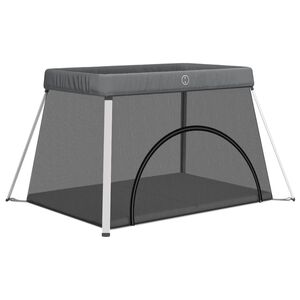 vidaXL Parque para beb&eacute;s com colch&atilde;o tecido de linho cinzento-escuro