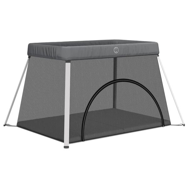 vidaXL Parque para beb&eacute;s com colch&atilde;o tecido de linho cinzento-escuro