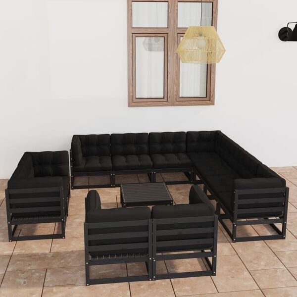 vidaXL 12 pcs conjunto lounge jardim c/ almofad&otilde;es pinho maci&ccedil;o preto