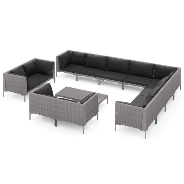 vidaXL 13 pcs conj. lounge jardim c/ almofad&otilde;es vime PE cinza-escuro