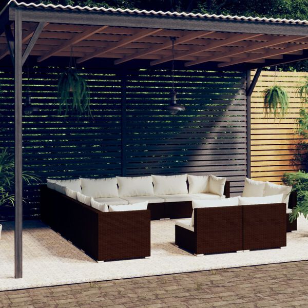 vidaXL 13 pcs conjunto lounge de jardim c/ almofadões vime PE castanho