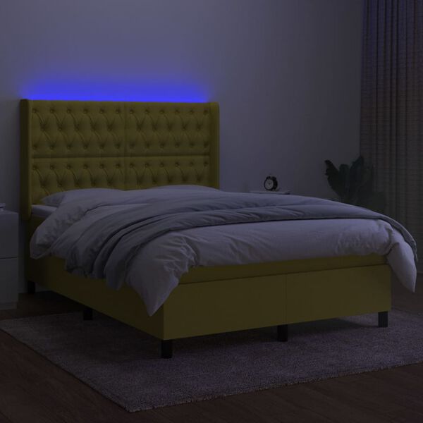 vidaXL Cama box spring c/ colch&atilde;o e LED 140x190 cm tecido verde