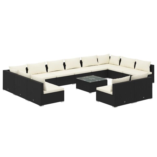 vidaXL 13 pcs conjunto lounge de jardim c/ almofad&otilde;es vime PE preto