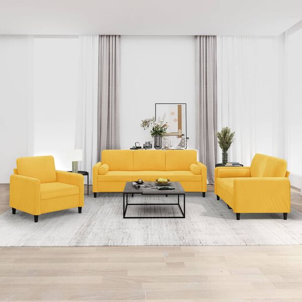 vidaXL 3 pcs conjunto sof&aacute;s c/ almofadas/almofad&otilde;es veludo amarelo