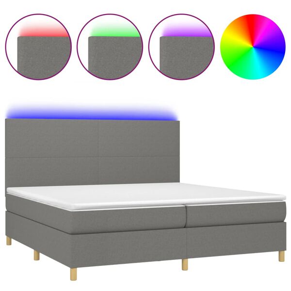 vidaXL Cama box spring c/ colch&atilde;o e LED 200x200 cm tecido cinza-escuro