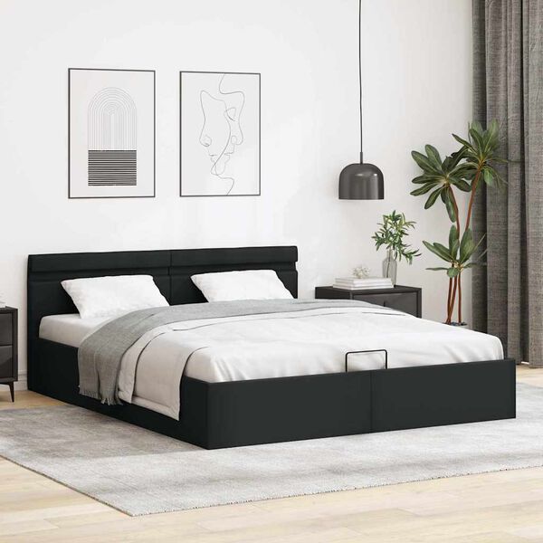 vidaXL Cama hidráulica LED c/ arrumação 160x200cm couro artifi. preto