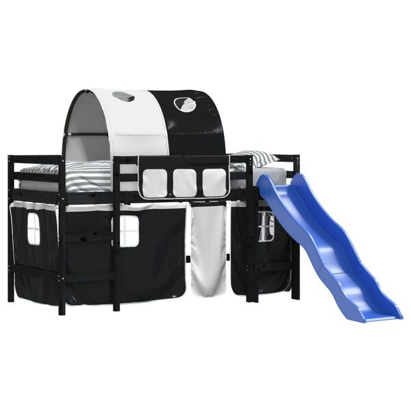 vidaXL Cama alta crian&ccedil;a c/ t&uacute;nel 90x200 cm pinho maci&ccedil;o branco/preto